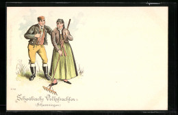 Lithographie Schwäbisches Bauernpaar In Trachten Auf Dem Feld  - Costumes