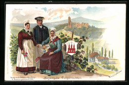 Lithographie Steinfeld / Ufr., Unterfränkische Volkstrachten, Blick Zur Ruine  - Kostums