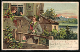 Lithographie Mitterteich, Gruss Vom Almafest 1905, Mann In Tracht Grüsst Die Dame Am Fenster  - Altri & Non Classificati