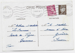 FRANCE MERCURE 70C SUR ENTIER  PETAIN 80C BRUN  CP CANNES 22.XII.1941    POUR SUISSE   AU TARIF - 1941-42 Pétain