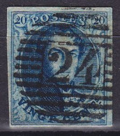 Belgique - N°7 - 10c Bleu Médaillon - Obl. D24 BRUXELLES - 1851-1857 Medaglioni (6/8)