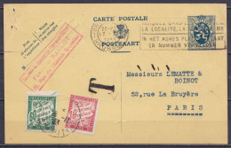 EP CP 50c Bleu (type N°285) Flam. BRUXELLES-BRUSSEL /17.XI 1933 Pour PARIS - Taxé 90c (au Dos: Càd Ambulant "BRUXELLES A - Postcards 1909-1934