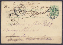 EP CP 5c Vert (type N°45) Càd BINCHE /28 FEVR 1881 Pour E/V Réexpédiée à JUMET - Càd CHARLEROI & Arrivée JUMET - Postkarten 1871-1909