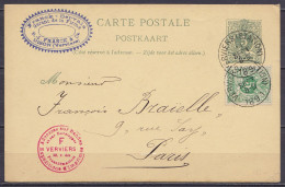 EP CP 5c Vert-gris (N°45) + N°45 Càd VERVIERS (STATION) /11 SEPT 1891 Pour PARIS - Postkarten 1871-1909