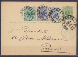 EP CP 5c Vert (type N°45) + 2x N°27 (2 Nuances) + N°28 (rare Affr. !) Càd BRUXELLES 5 /4 JUIN 1884 Pour PARIS - Postcards 1871-1909