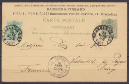 EP CP 5c Vert (type N°45) Repiqué "Quicaillerie, Parfumerie, … Pierard" + N°45 Càd BRUXELLES-EST /10 MARS 1891 Pour LA B - Cartoline 1871-1909