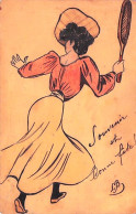 Illustrateur Signé L.B - TENNIS - Jeune Femme Sur Le Court - Aquarelle - 1907  Parfait Etat - Otros & Sin Clasificación