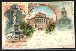 Lithographie Berlin, Schiller-Denkmal, Königliches Schauspielhaus, Französischer Dom, Gendarmenmarkt, Um 1900  - Mitte