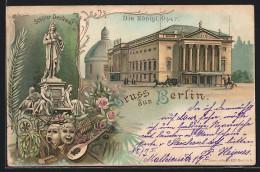 Lithographie Berlin, Köngl. Oper, Schiller-Denkmal, Musikinstrumente  - Mitte