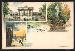 Lithographie Berlin, Brandenburger Thor, Stadtbahn, Lessing-Denkmal  - Otros & Sin Clasificación