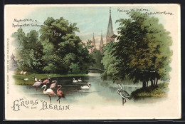 Lithographie Berlin-Tiergarten, Neptunsteich Im Zoologischen-Garten Am Grossen Tiergarten  - Dierentuin