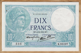 05986 / Etat SPL - Billet DIX 10 FRANCS Type MINERVE M.V 4=12=1941- 4 Décembre 1941 Alphabet K.85197 N°2129909535 - 10 F 1916-1942 ''Minerve''