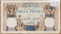 05969 / Billet MILLE 1000 FRANCS Type CERES Et MERCURE PARIS 19 Novembre 1936 K Alphabet U.2662 -011 N°66544011 - 1 000 F 1927-1940 ''Cérès Et Mercure''