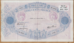 05970 / ⭐ ♥️ Billet CINQ CENTS 500 FRANCS Bleu Et Rose Type 1888 PARIS 11 Janvier 1940 V Alphabet W.3972-896 N°99299896 - 500 F 1888-1940 ''Bleu Et Rose''