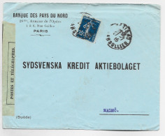 SEMEUSE 25C FONCE SEUL LETTRE PARIS 27.7.1915 POUR MALMO SUEDE CENSURE OUVERT - 1. Weltkrieg 1914-1918