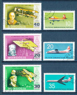 6 Timbres Oblitérés MONGOLIE, ALLEMAGNE DE L'EST DDR, XIV-14 Les Premiers Avions Et Leur Créateur - Hélice, Réaction - Vliegtuigen