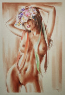 (Frau Mit Blumenkranz / Women With A Flower Wreath) - Akt / Aktzeichnung / Frau / Woman / Femme / Nude / Dessi - Prints & Engravings