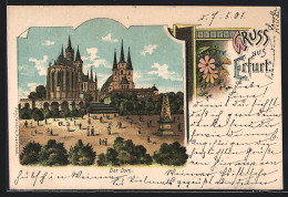 Lithographie Erfurt, Dom Mit Denkmal  - Erfurt