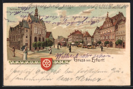 Lithographie Erfurt, Strassenansicht Mit Rathaus, Rolandsäule Und Hist. Haus Zum Rothen Ochsen  - Erfurt
