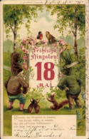 Lithographie Glückwunsch Pfingsten, Kalender, Zwerge, Maikäfer, Eichhörnchen, Vögel - Pinksteren