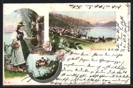 AK Montreux, Ortsansicht Mit Halbinsel, Dame In Tracht  - Montreux