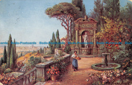 R051493 Old Postcard. Woman In The Beautiful Garden. Fountain - World