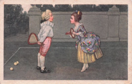 TENNIS - Illustrateur  Signé - Jeunes Enfants Costumés Jouant Au Tennis - Autres & Non Classés