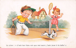 TENNIS - Illustrateur Signé Jim Patt  - Enfants Jouant Au Tennis Avec Leur Chien - Sonstige & Ohne Zuordnung