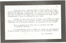 DECES DE GILLES TAUTIN LE 10 JUIN 1968 A FLINS  ...... - Unclassified