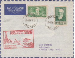 FRANCE LETTRE PAR AVION AVEC CACHET " LIGNE POSTALE AERIENNE PARIS-NICE INAUGURATION 16 FEVRIER 1938" - Eerste Vluchten