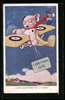 Künstler-AK George Ernest Studdy: Just Dropping You A Card, Bonzo In Flugzeug  - Chiens