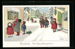 Künstler-AK Pauli Ebner: Kinder Bei Einem Schaufensterbummel Im Winter, Weihnachtsgruss  - Ebner, Pauli