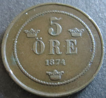 Münze Schweden 1874 - 5 Öre Oskar II. Bekröntes Monogramm 27mm Kupfer Vz - Zweden