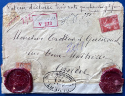 Lettre CHARGÉE En Valeur Déclarée De 380 FR D'ALBERTVILLE Pour GENÈVE Avec Censure Militaire Plus Cachets De Cire RRR - 1906-38 Semeuse Camée