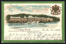 Lithographie Dresden-Pillnitz, Schloss Pillnitz Vom Fluss Gesehen, Wappen  - Pillnitz