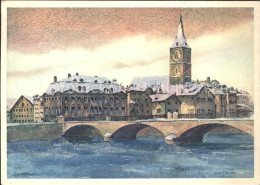 11635763 Zuerich St. Peterskirche Mit Meise Helmhausbruecke Kuenstlerkarte Aquar - Autres & Non Classés