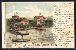 Lithographie Bad Schachen, Uferpartie Mit Hotel Und Dampfer  - Other & Unclassified