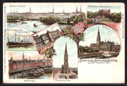 Lithographie Hamburg, Rathaus, Gesamtbild, Börse, Nicolaikirche  - Mitte