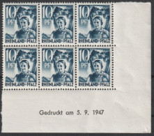 Franz. Zone- Rheinland-Pfalz: 1948, Mi. Nr. 3 Yv Br U, Freimarke:  10 Pfg. Winzerin, Druckdatum 5.9.1957,  **/MNH - Rijnland-Palts