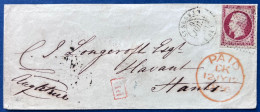 Lettre Napoleon N°17 80c Carmin Oblitéré Rouleau De Pointillés + Càd T15 De ST SERVAN Pour HAVANT ANGLETERRE - 1853-1860 Napoléon III.