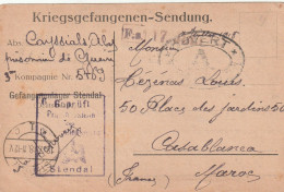 Allemagne Censure Carte Prisonnier De Guerre STENDAL 7/7/1918 Pour Casablanca  Maroc - Demande De Cigarettes - 1. Weltkrieg 1914-1918
