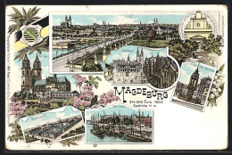 Lithographie Magdeburg, Grusonwerk, Rathaus, Kaiser Otto-Denkmal  - Magdeburg