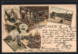 Lithographie Bremen, Bahnhof, Dampfer Am Freihafen  - Bremen