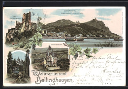 Lithographie Königswinter, Weinrestaurant Bellinghausen, Ruine Drachenfels, Drachenburg  - Koenigswinter
