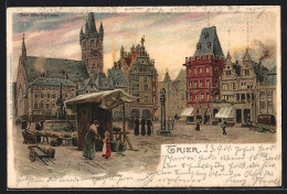 Lithographie Trier, Marktplatz Mit Passanten Am Marktstand  - Trier