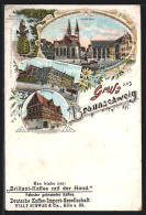 Lithographie Braunschweig, Altstadt-Markt, Finanzgebäude, Alte Waage  - Braunschweig