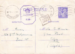 ENTIER IRIS 1,20Fr. 7 OCT 1944. PARIS POUR ALGERIE. CENSURE ANGLAISE. 055 - Cartes Postales Types Et TSC (avant 1995)