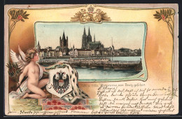 Passepartout-Lithographie Köln A. Rh., Panorama Mit Kirche Von Deutz Gesehen, Engel Hält Wappen  - Autres & Non Classés