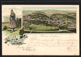 Lithographie Marburg, Panoramaansicht, Marburgerin In Tracht  - Marburg