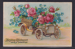 Ansichtskarte Künstlerkarte Geburtstag Auto Oldtimer Blumenschmuck Goldauflage - Other & Unclassified
